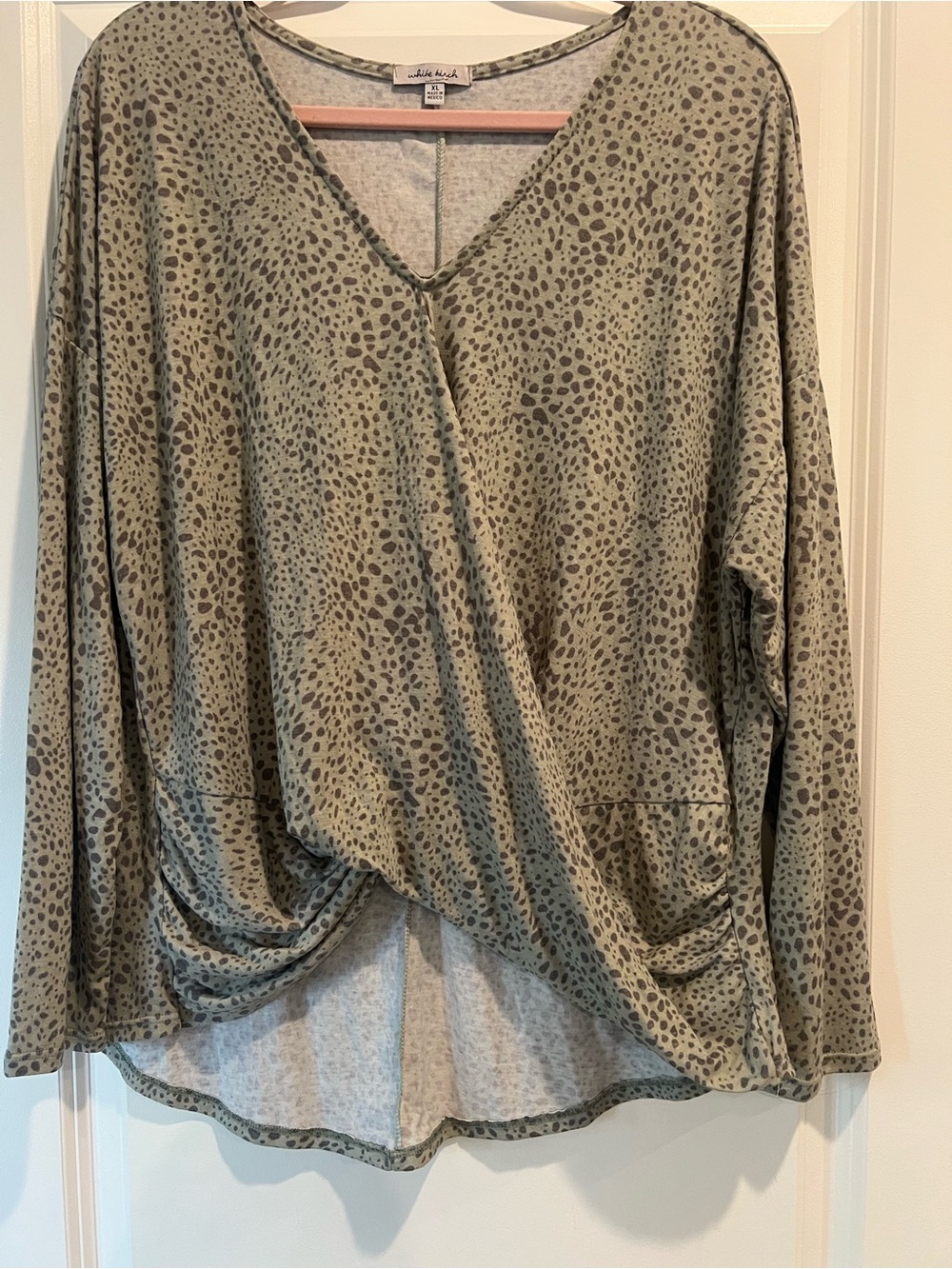 white birch Olive Leopard Wrap-Front V-Neck Dolman Top with Unique Front Design